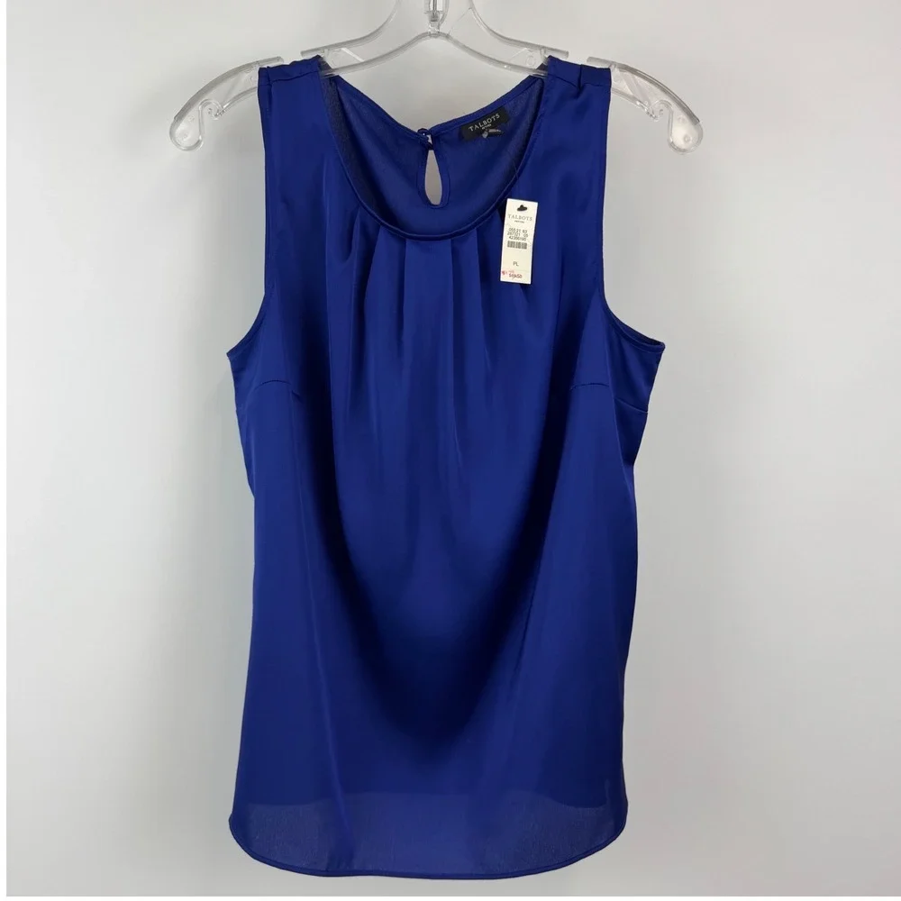 Talbots Petites Blue Pleated Neck Sleeveless Shell Blouse Top PL NWT - Picture 2 of 12